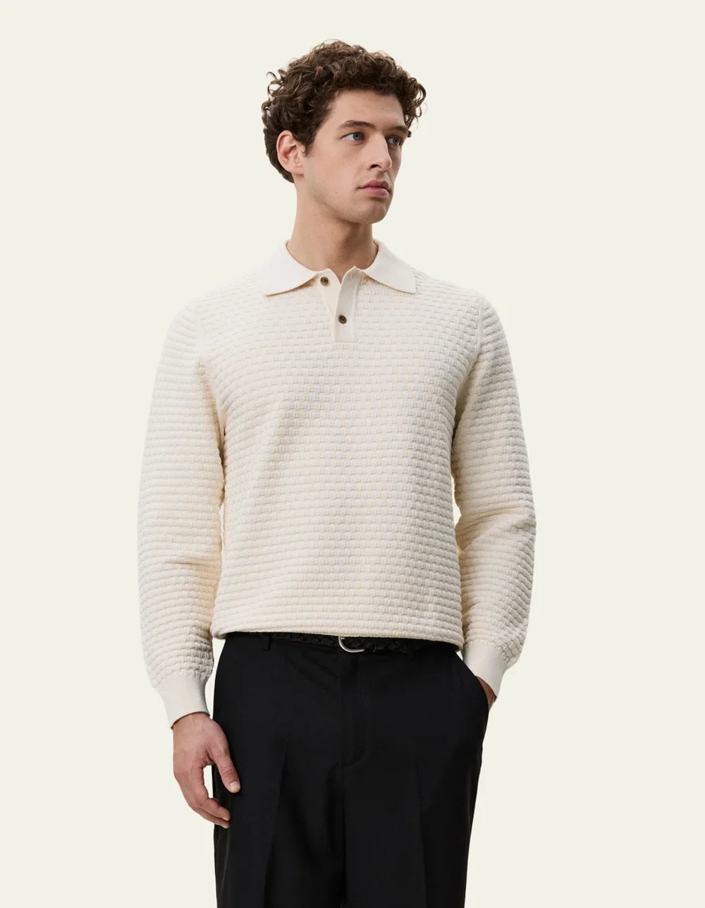 CHECK KNITTED LONGSLEEVE POLO (IVORY) - LES DEUX