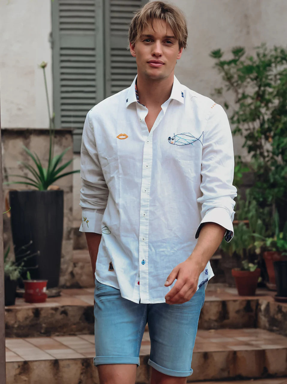 LINEN EMBROIDERY SHIRT (WHITE) - A FISH NAMED FRED