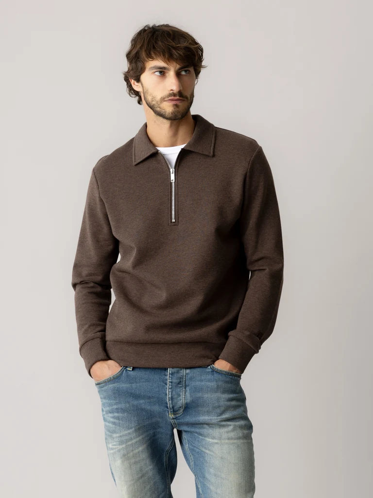 ABEL ZIP POLO SWEATER (BROWN) - MOS MOSH GALLERY