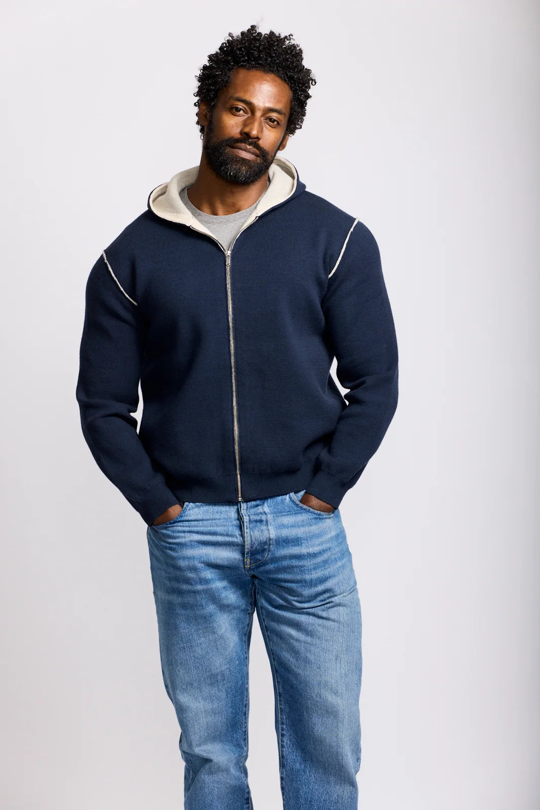 KNIT ZIP HOODIE (NAVY) - EASY MONDAYS