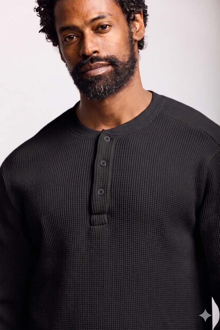 WAFFLE LONGSLEEVE HENLEY (BLACK) - EASY MONDAYS