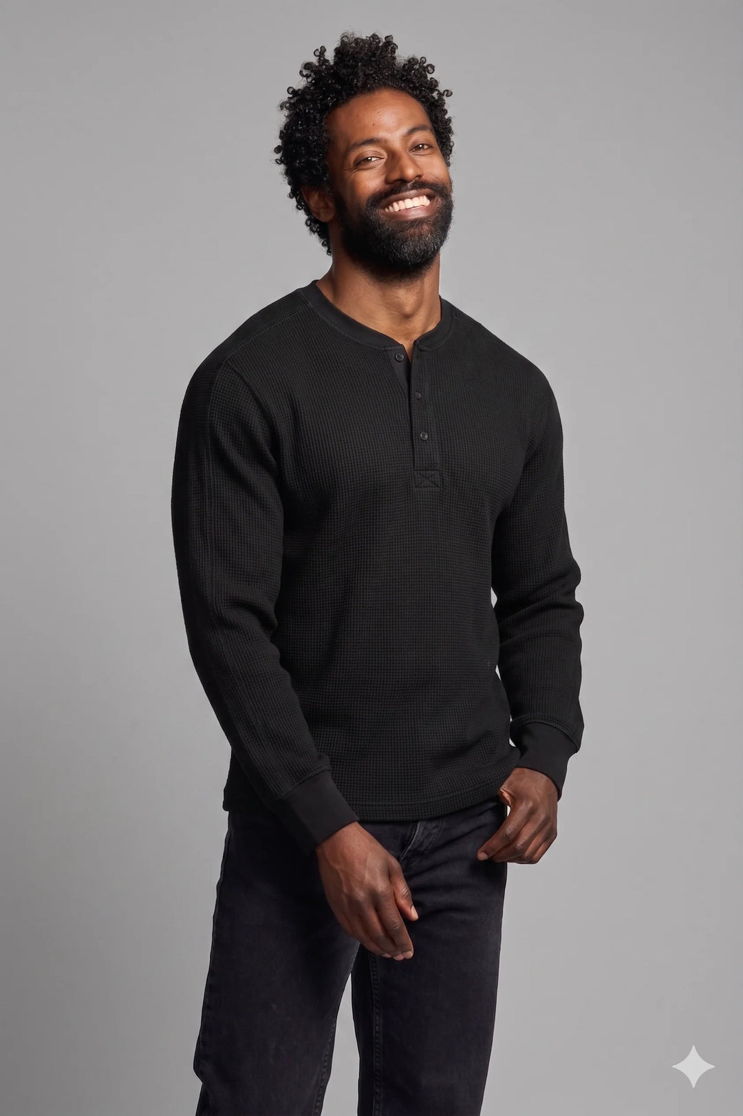WAFFLE LONGSLEEVE HENLEY (BLACK) - EASY MONDAYS
