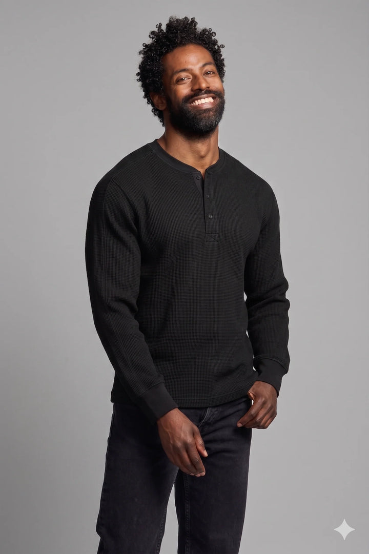 WAFFLE LONGSLEEVE HENLEY (BLACK) - EASY MONDAYS