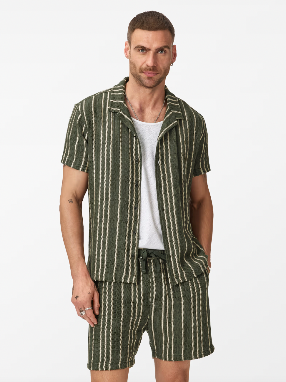 ELIAS STRIPE CAMP COLLAR SHIRT (MOSS) - JOHN VARVATOS