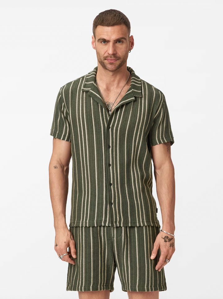 ELIAS STRIPE CAMP COLLAR SHIRT (MOSS) - JOHN VARVATOS
