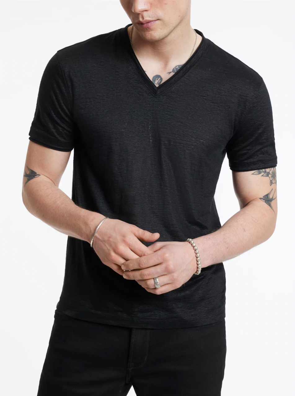 LINEN V-NECK T-SHIRT (BLACK) - JOHN VARVATOS