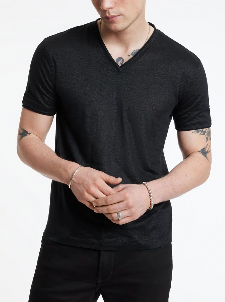 LINEN V-NECK T-SHIRT (BLACK) - JOHN VARVATOS