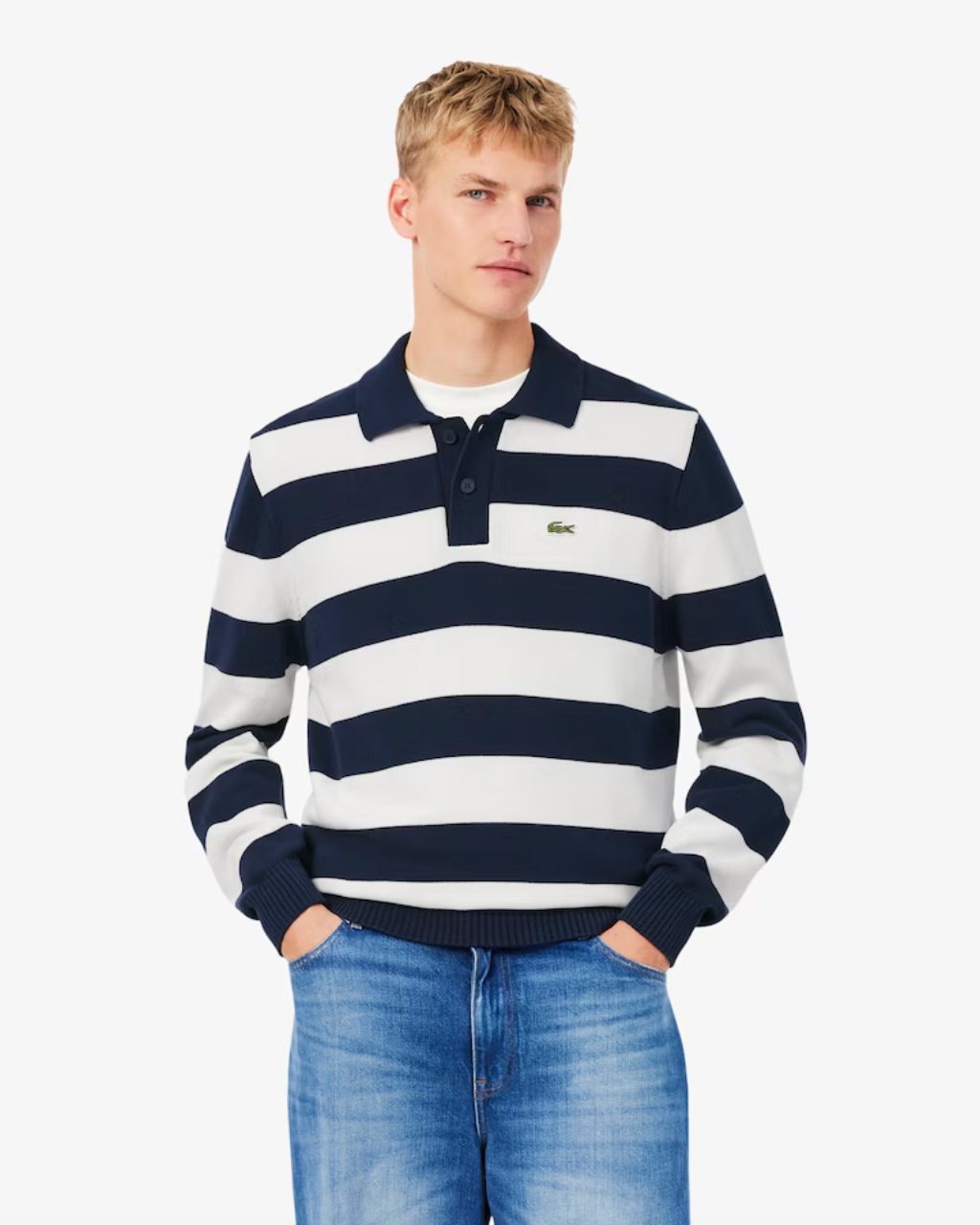STRIPED L/S SWEATER POLO (NAVY) - LACOSTE