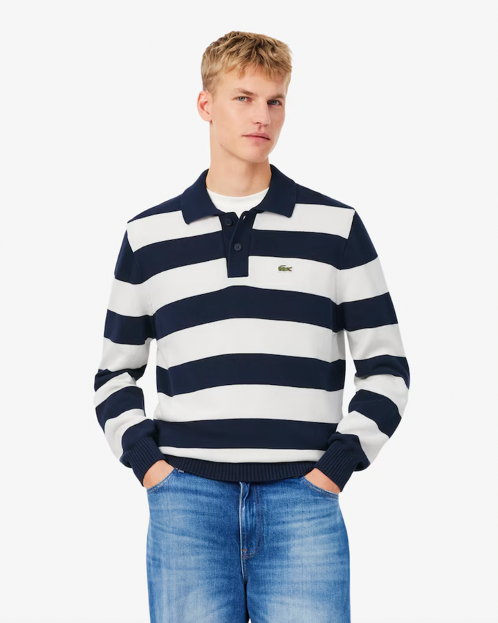 STRIPED L/S SWEATER POLO (NAVY) - LACOSTE