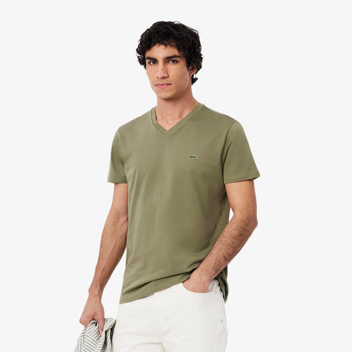 V-NECK COTTON T-SHIRT (KHAKI) - LACOSTE