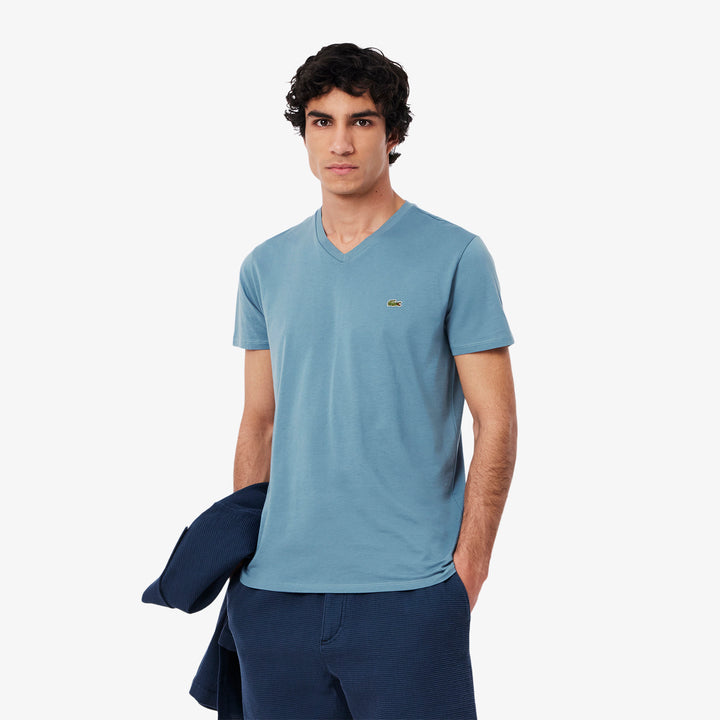 V-NECK COTTON T-SHIRT (BLUE) - LACOSTE